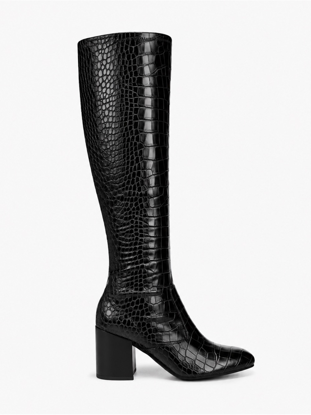 Franco Sarto Tafler Black Croc-Embossed Knee Boot with Block Heel Size: 8
